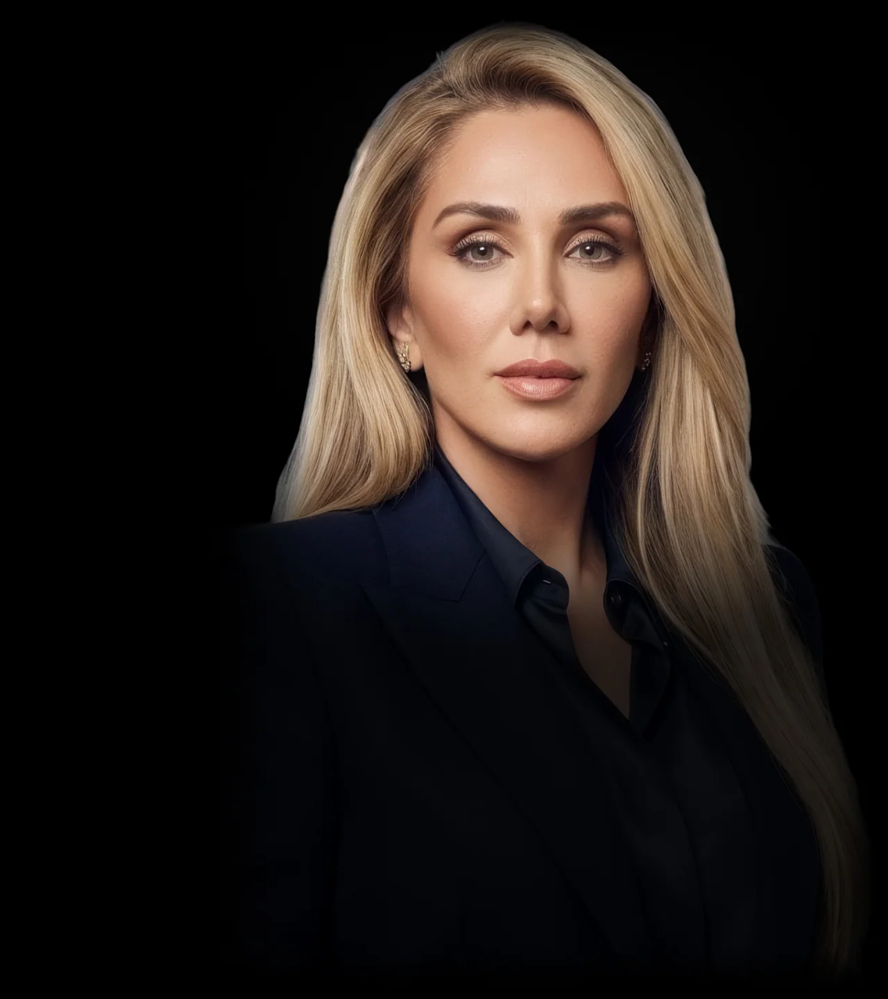 Paria Ghorashi in a navy suit, a studio portrait