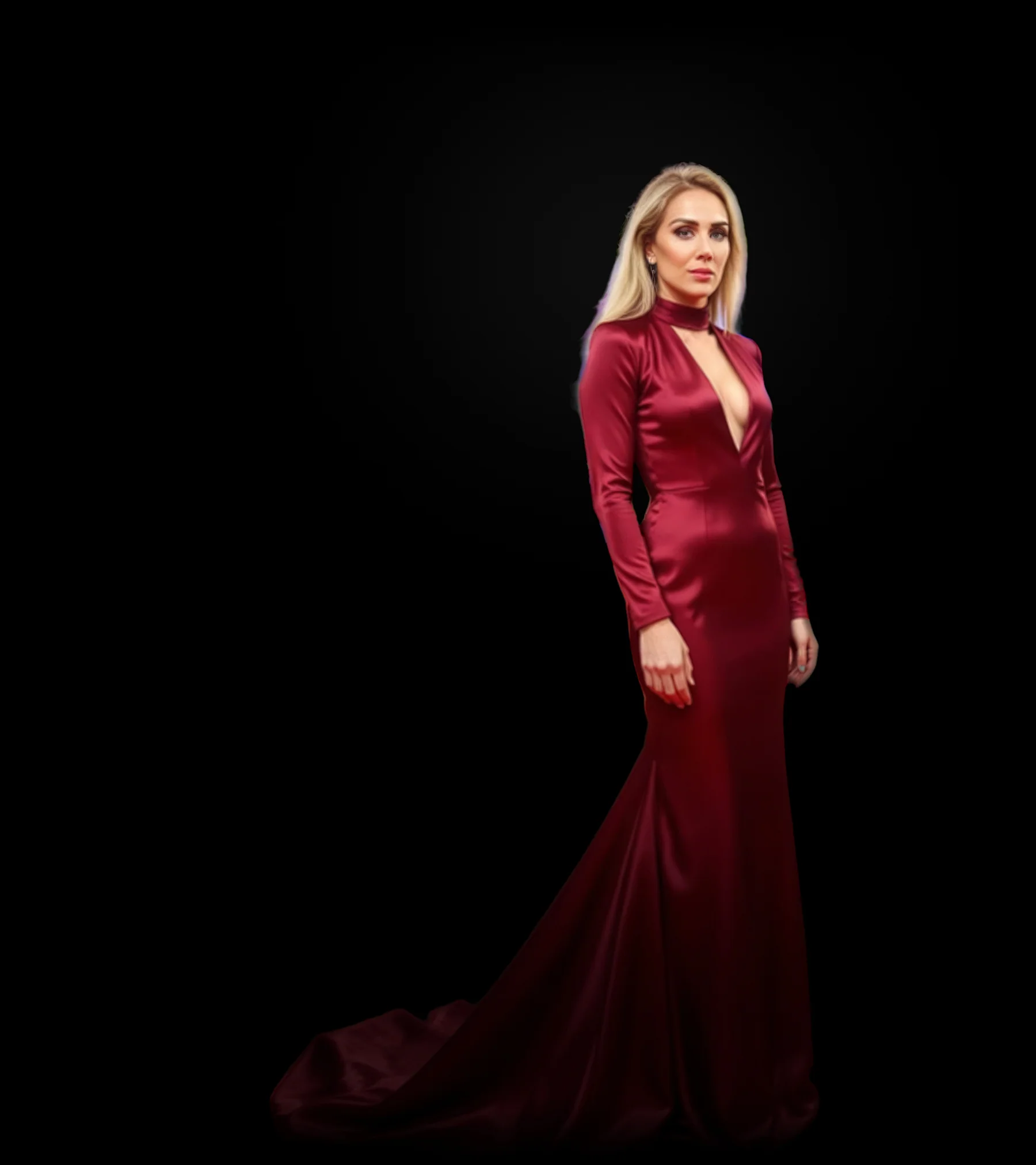 Paria Ghorashi in a red satin gown on a red carpet