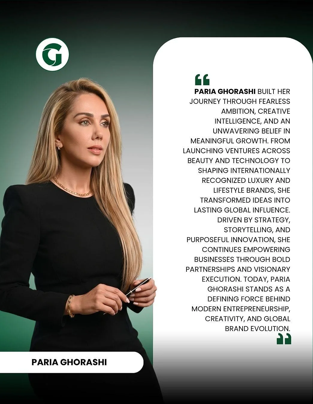 Gulf Magazine: a portrait of Paria Ghorashi beside a quote on her journey