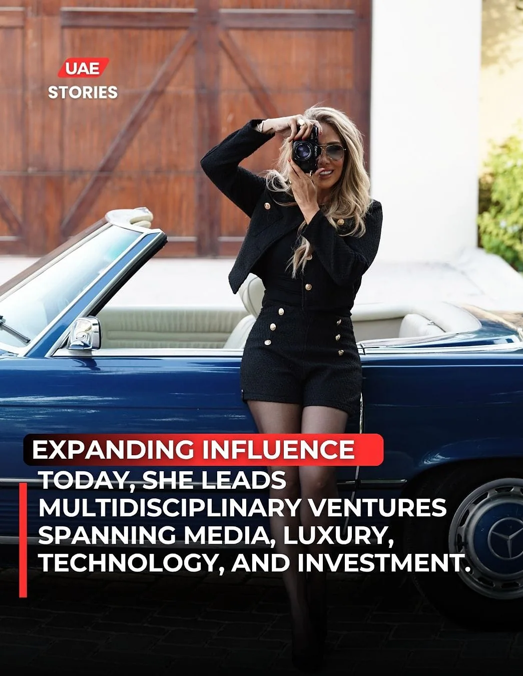 UAE Stories: Paria Ghorashi with a camera by a classic blue convertible, on expanding her influence